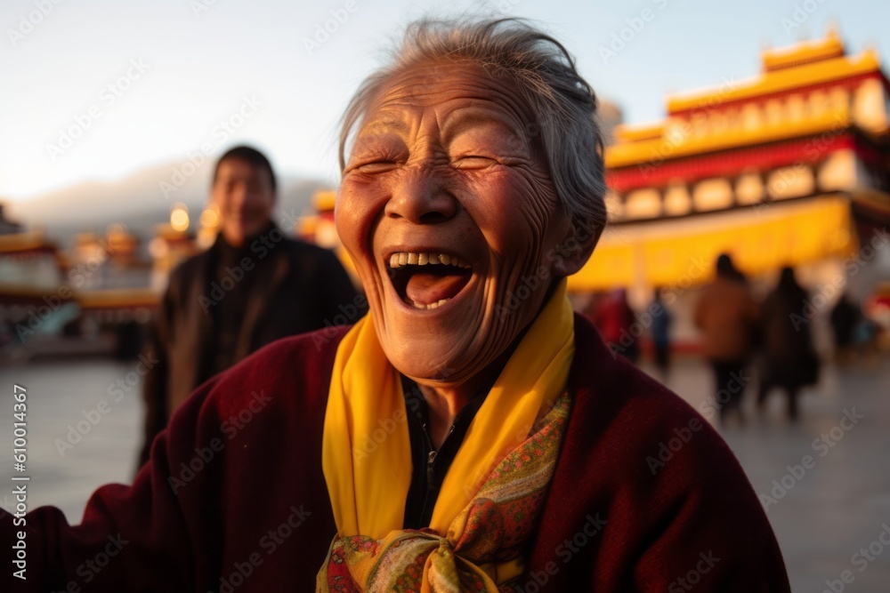 Medium shot portrait photography of a cheerful woman in her 60s that is with the family at the Potala Palace in Lhasa Tibet . Generative AI Medium shot portrait photography of a cheerful woman in her 60s that is with the family at the Potala Palace in Lhasa Tibet . Generative AI