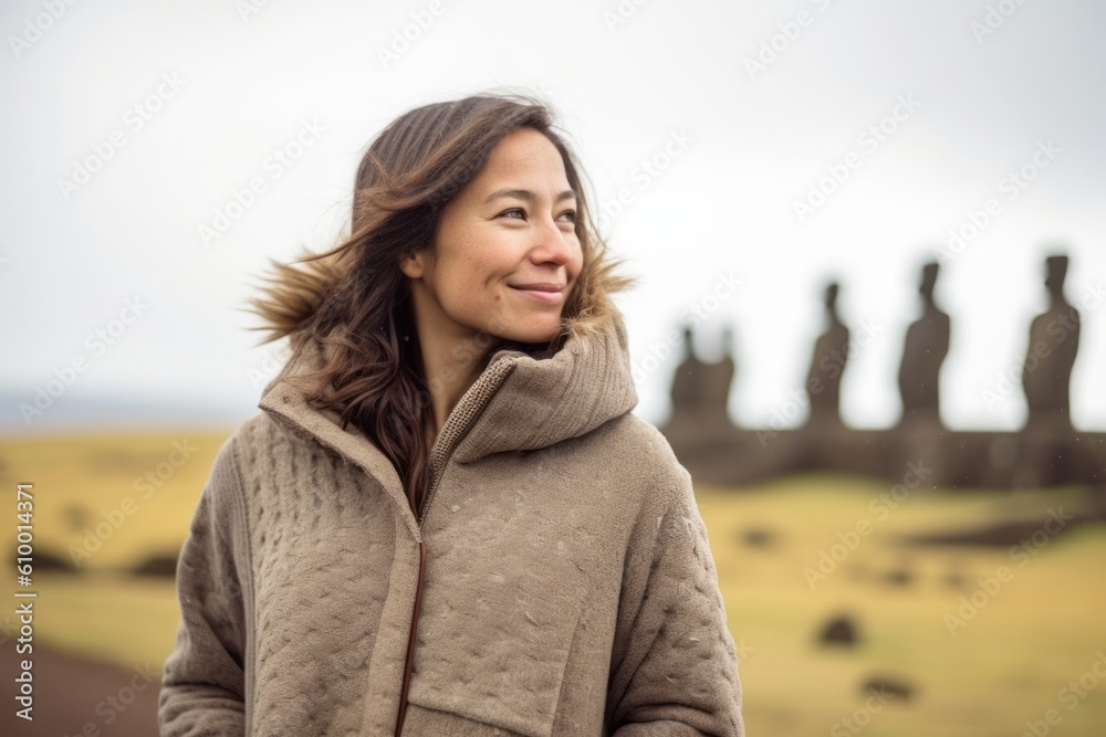 Lifestyle portrait photography of a grinning woman in her 30s that is wearing a cozy sweater at the Moai Statues of Easter Island Chile . Generative AI Lifestyle portrait photography of a grinning woman in her 30s that is wearing a cozy sweater at the Moai Statues of Easter Island Chile . Generative AI