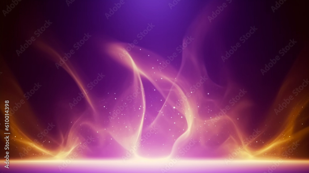 Empty purple and gold festive stage with light shines glow and smoke, background with copy space for award ceremony, jubilee or product presentations. Generative AI