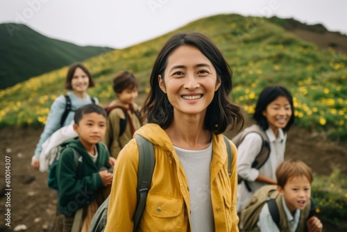 Happy asian woman with group of friends hiking in the mountains.