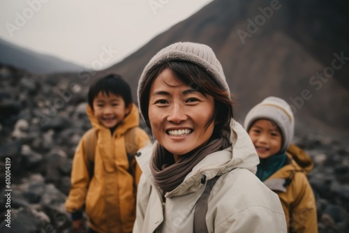Happy Asian mother with her children on the way to Everest Base Camp  Nepal