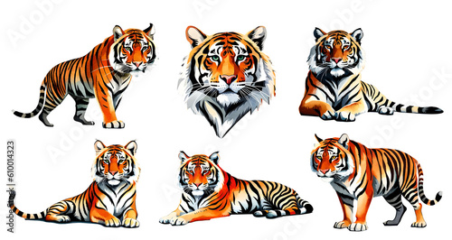 Watercolor tiger set. Generative Ai