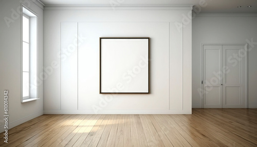 empty room with white wall and photo art frame with wooden floor