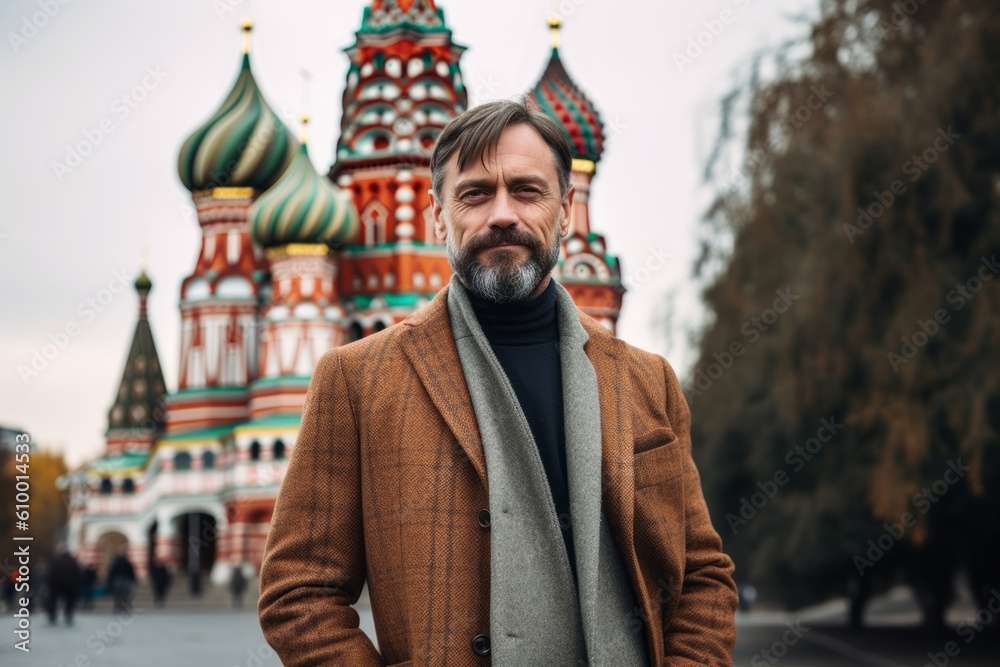 Portrait of a bearded man on the background of St. Basil's Cathedral