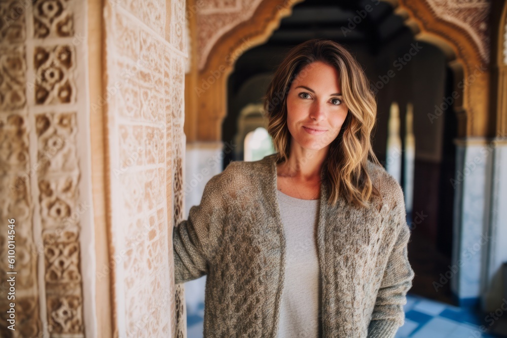 Fototapeta premium Portrait of a beautiful woman standing in the doorway of a mosque
