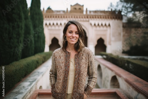 Portrait of a beautiful young woman in the courtyard of the Alhambra palace, Granada, Spain © Anne Schaum