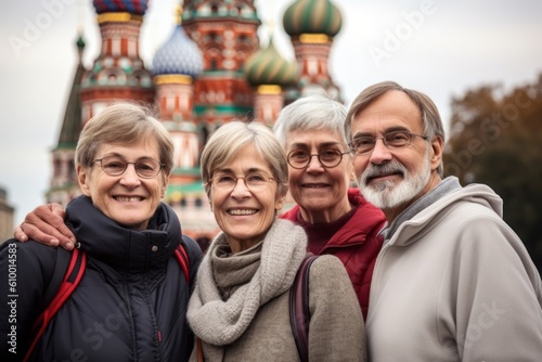 Portrait of a group of seniors on the background of St. Basil's Cathedral
