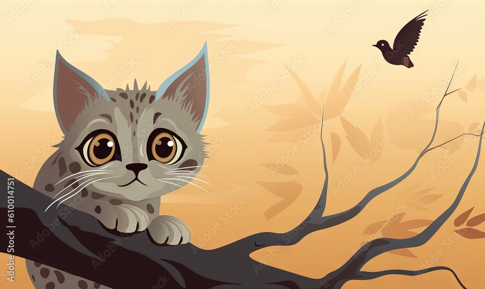 a cat is sitting on a branch with a bird flying above it and a tree branch with a bird in the foreground and a bird in the background. generative ai a cat is sitting on a branch with a bird flying above it and a tree branch with a bird in the foreground and a bird in the background. generative ai