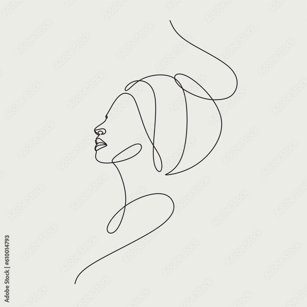 Afro american woman in a modern abstract minimalist one line style. Continuous black line simple drawing. Minimalist face female line art logo