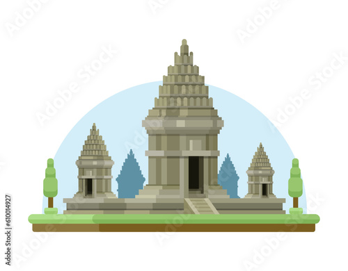 Prambanan Hindu Temple from Southern Java, Indonesia Flat Design Illustration Vector