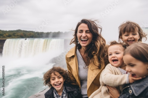 mother with children on the background of the Niagara Falls, Ontario, Canada