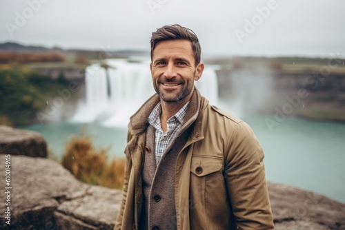 Handsome man in raincoat standing near waterfall and looking at camera