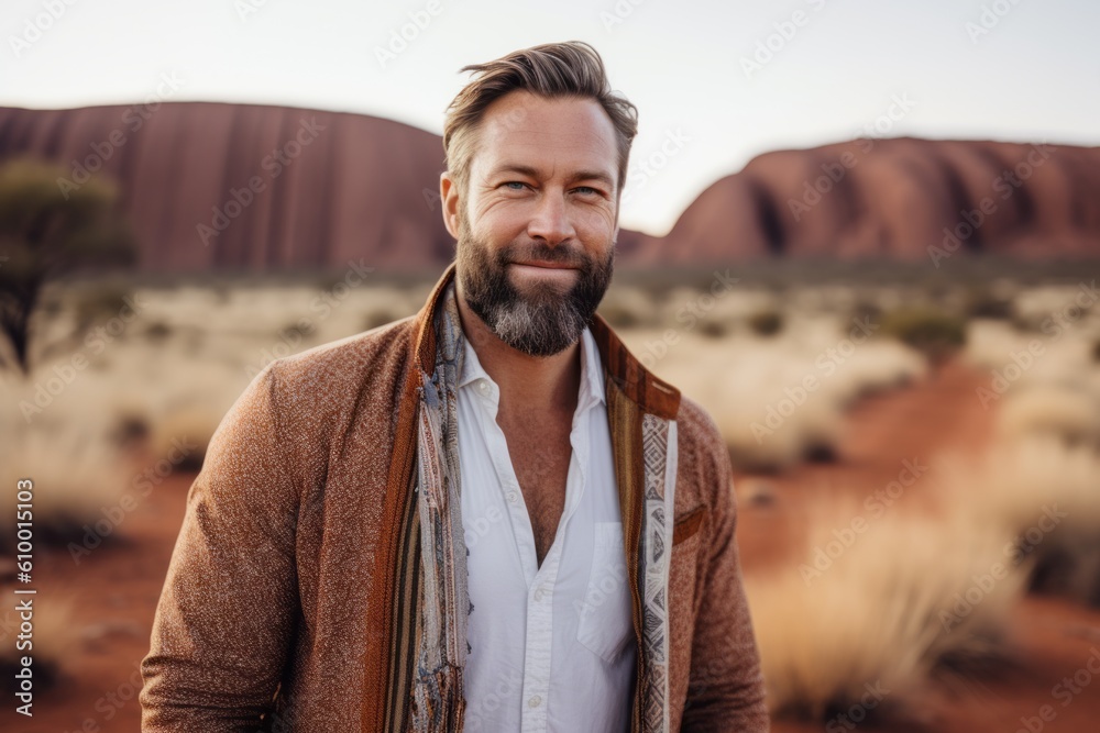 Handsome man with a beard in the desert of Arizona.