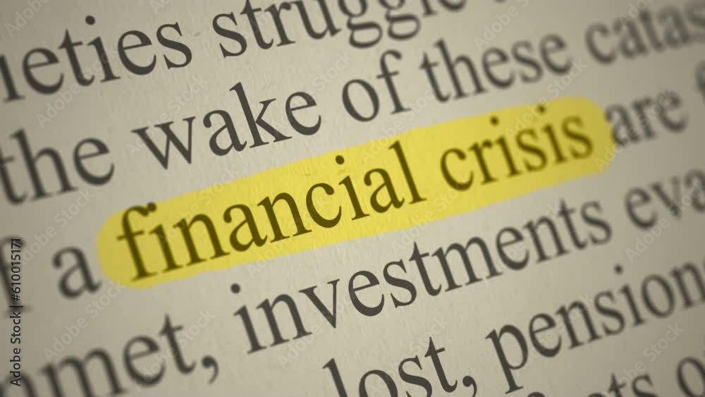 Fictional newspaper article about economic and financial crisis, highlighter on the words financial crisis, close-up view with camera scroll and zoom in (3d render)