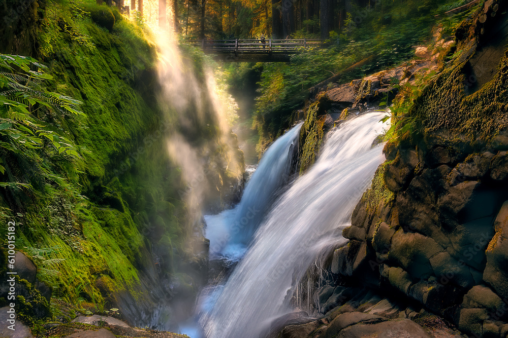 Sunset at beautiful Sol Duc falls in Olympic National Park, Port Angeles, Washington, USA