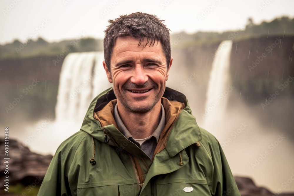 Group portrait photography of a satisfied man in his 40s that is wearing a warm parka at the Victoria Falls in Livingstone Zambia . Generative AI Group portrait photography of a satisfied man in his 40s that is wearing a warm parka at the Victoria Falls in Livingstone Zambia . Generative AI