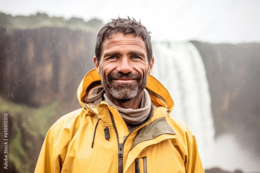Handsome bearded man in yellow raincoat standing in front of a waterfall Handsome bearded man in yellow raincoat standing in front of a waterfall