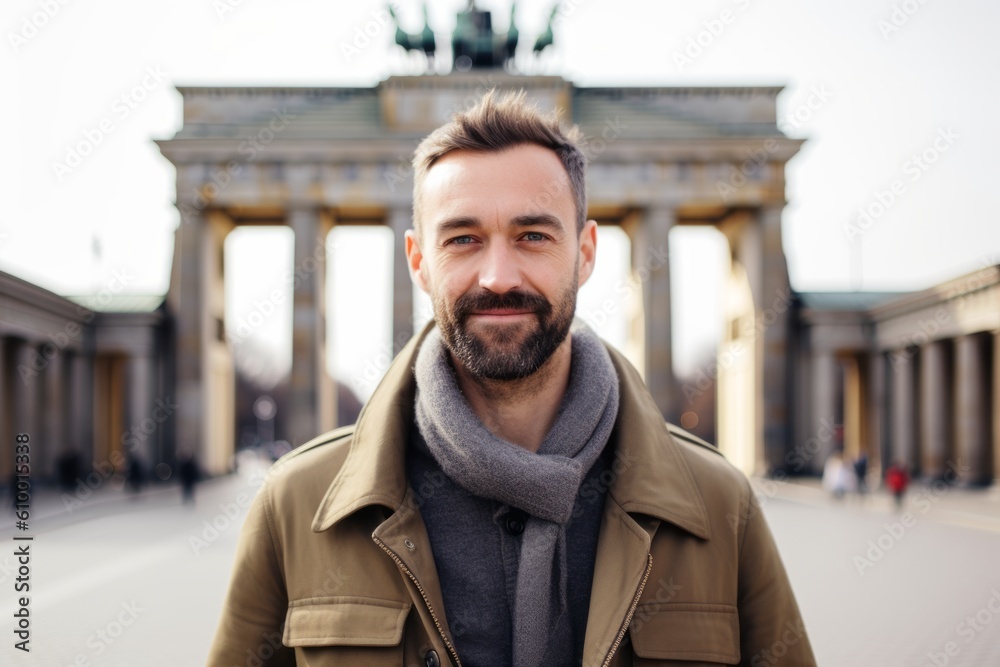 Portrait of a handsome bearded man in a coat and scarf standing in front of the Brandenburg Gate in Berlin