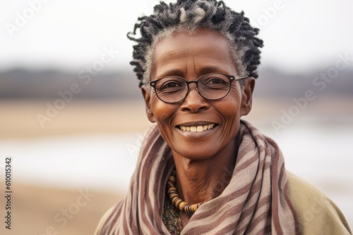 Portrait of a senior African woman with eyeglasses smiling outdoors