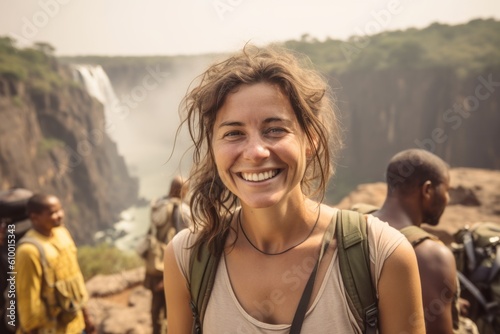 Happy young woman on the background of the Victoria Falls in Zimbabwe, Africa