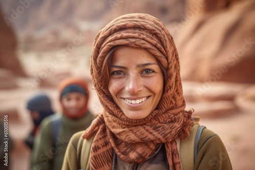 Portrait of young woman with her friends in Petra, Jordan.