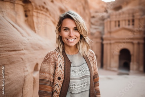 Portrait of beautiful young woman smiling at camera in Petra, Jordan