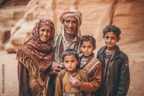 Group portrait photography of a tender woman in her 40s that is with the family at the Petra in Maan Jordan . Generative AI
