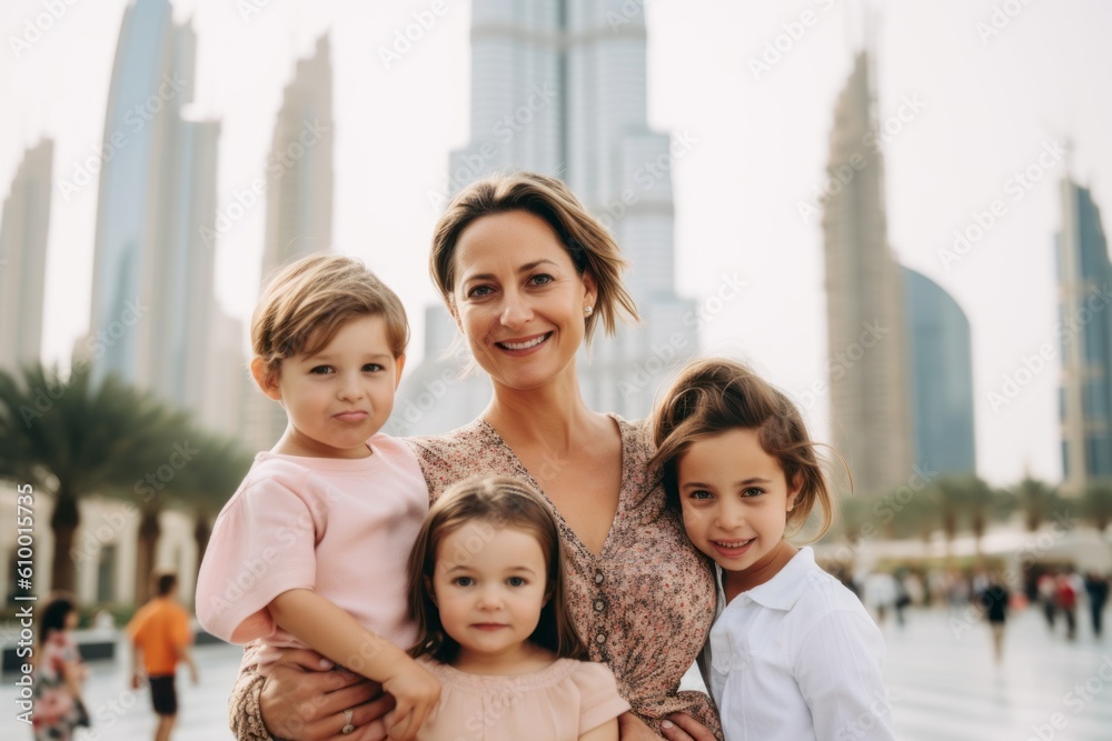 Mother with her kids on the background of skyscrapers in Dubai. Mother with her kids on the background of skyscrapers in Dubai.