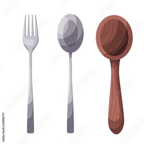 fork, wooden spoon and metal spoon