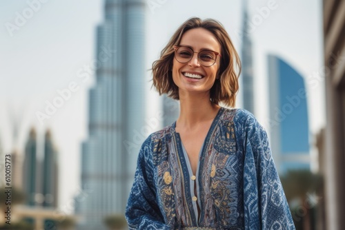 Foto Lifestyle portrait photography of a grinning woman in her 40s that is wearing a chic cardigan in front of the Burj Khalifa in Dubai UAE