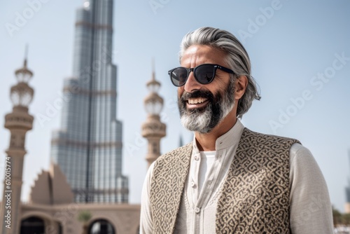 Leinwand Poster Lifestyle portrait photography of a satisfied man in his 50s that is wearing a chic cardigan in front of the Burj Khalifa in Dubai UAE