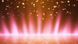 Empty pink and gold festive stage with light beams and shines glow, empty room at night background with copy space for award ceremony, jubilee or product presentations. Generative AI