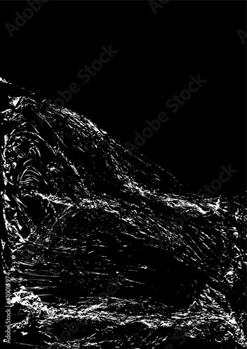 Polyethylene texture. Grunge effect. Transparent stretched cling film. Overlay shabby texture. Black and white vector background. Crumpled warp plastic. Defect, scuff frame template