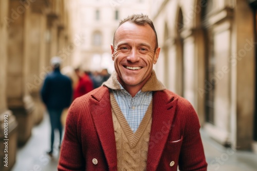 Portrait of a smiling middle-aged man in a red coat on a city street