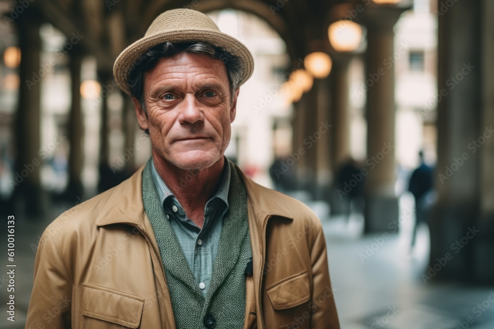 Portrait of senior man in a hat and coat in the city Portrait of senior man in a hat and coat in the city