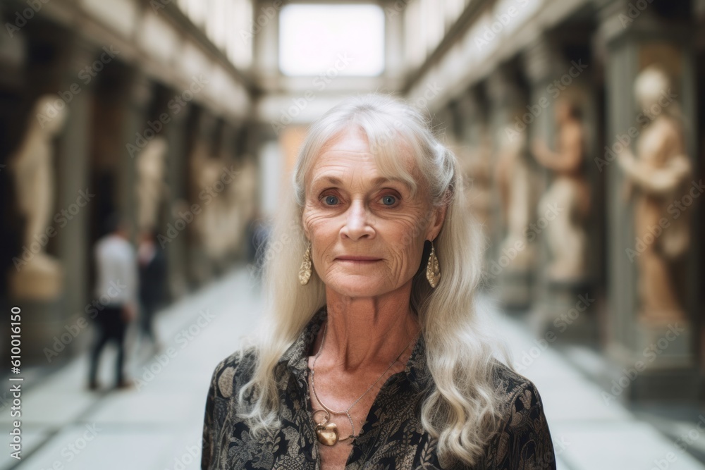 Portrait of a beautiful mature woman in the museum of ancient architecture Portrait of a beautiful mature woman in the museum of ancient architecture