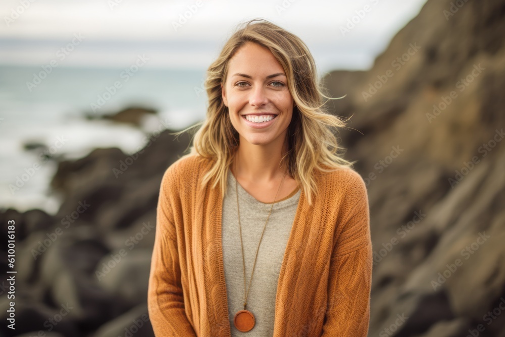 Portrait of a beautiful young woman smiling at the camera while standing on a rocky beach