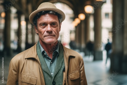 Portrait of senior man in a hat and coat in the city