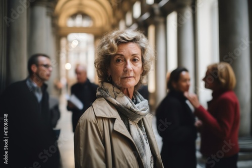 Portrait of an elderly woman in the city. People in the background