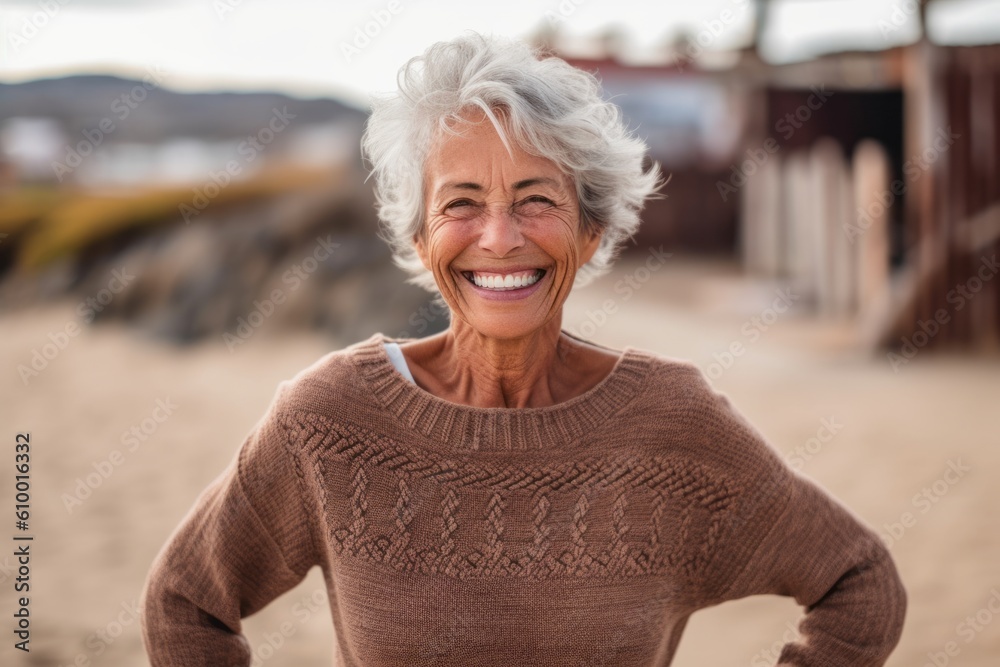 Portrait of happy senior woman smiling at camera while standing on beach Portrait of happy senior woman smiling at camera while standing on beach
