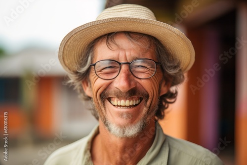 Portrait of a happy senior man with hat and glasses, outdoors