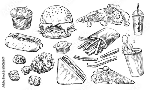 Set of fast food. Hand drawn hamburger, french fries, hot dog, coffee, soda, sauce, pizza, nuggets, sandwich, burger, ice cream. Sketch style collection of street food isolated in white background