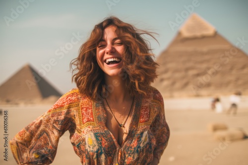 Group portrait photography of a satisfied woman in her 30s that is wearing a trendy jumpsuit at the Pyramids of Giza Egypt . Generative AI