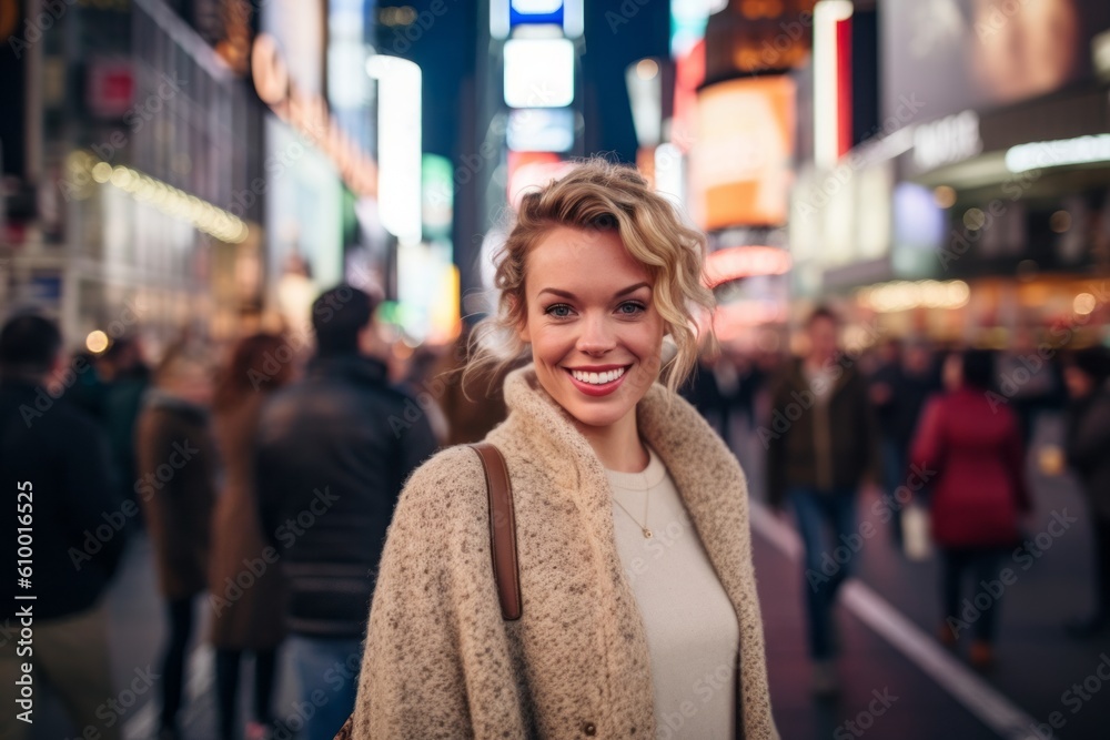 Beautiful young woman in New York City, wearing a woolen beige coat, walking in Times Square.