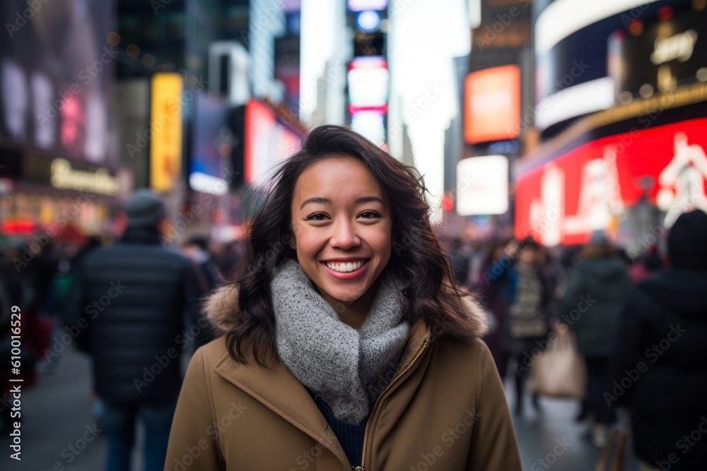 Happy young woman in Times Square, New York City, USA.