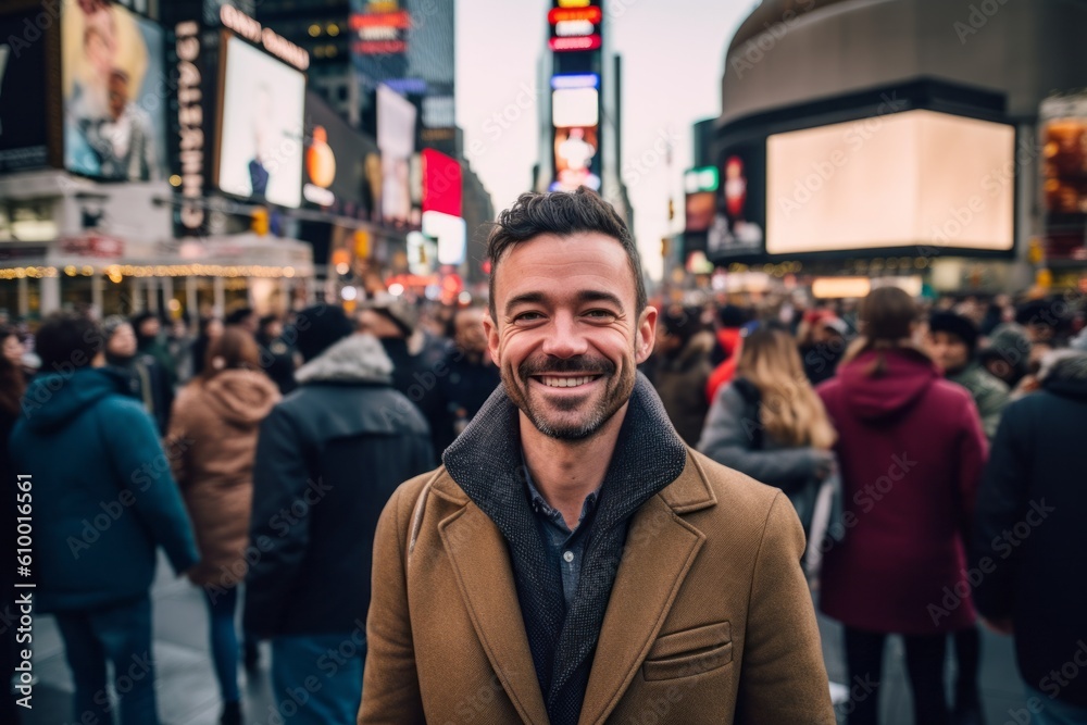 Young man in Times Square, Manhattan, New York City, USA