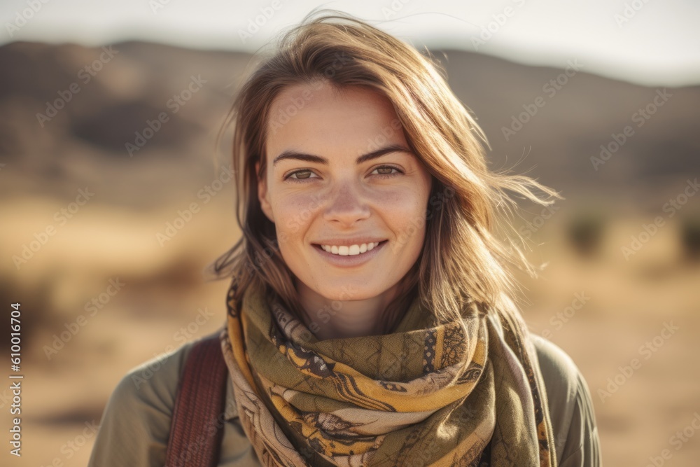 Portrait of beautiful young woman smiling at camera in the middle of the desert Portrait of beautiful young woman smiling at camera in the middle of the desert
