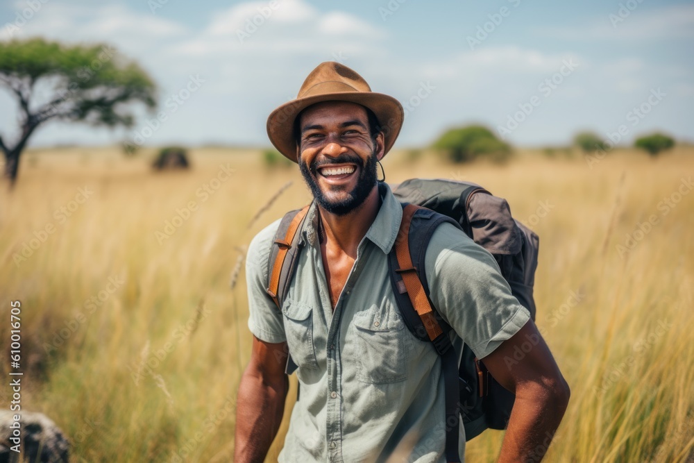 Smiling man with backpack standing in grassland in Serengeti National Park Smiling man with backpack standing in grassland in Serengeti National Park