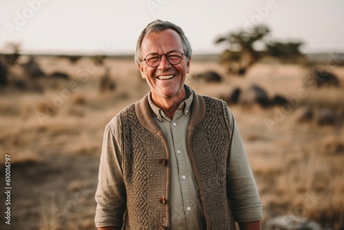 Group portrait photography of a pleased man in his 50s that is wearing a chic cardigan at the Serengeti National Park Tanzania . Generative AI