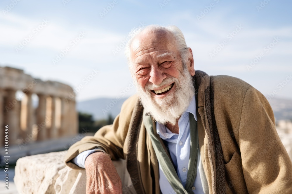 Portrait of a happy senior man sitting on a stone in the greek temple